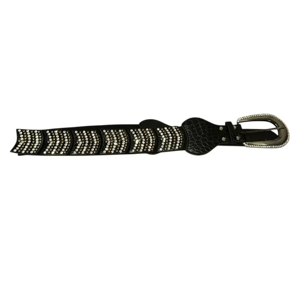 Black Croc Embossed Stretch Belt Rhinestone Buckle Statement Waist Belt OS